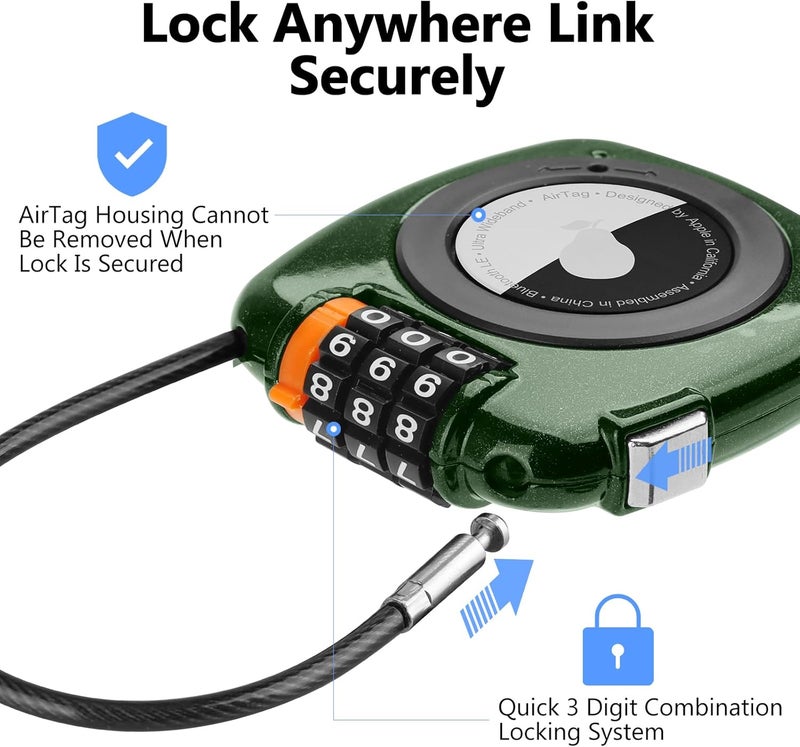 TUXON Compatible with Apple AirTag Secure Lock with Wire Cable, 3-Digit Combination Luggage Locks, Alloy Body Ultra Durable Anti-Lost Protective Case for Luggage, Bags, Suitcase, and Backpacks (GREEN) - Image 2